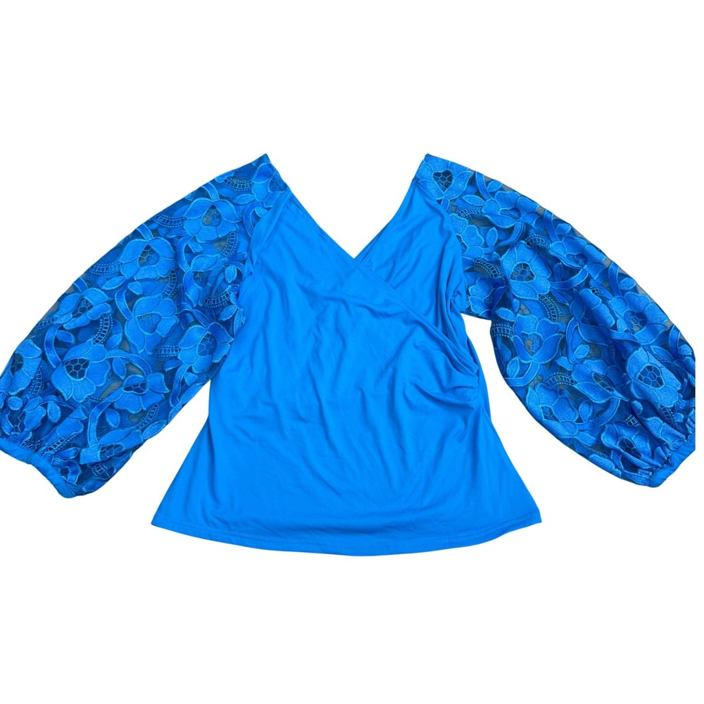 Boston Proper Lace Balloon Sleeve Wrap Top Women Size M Blue Romantic Chic Boho